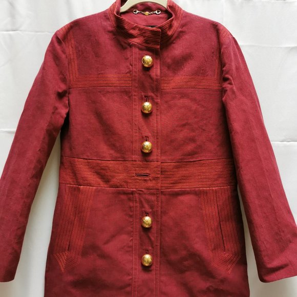 Gucci Long Red Coat with Intricate Ornate Gold Buttons